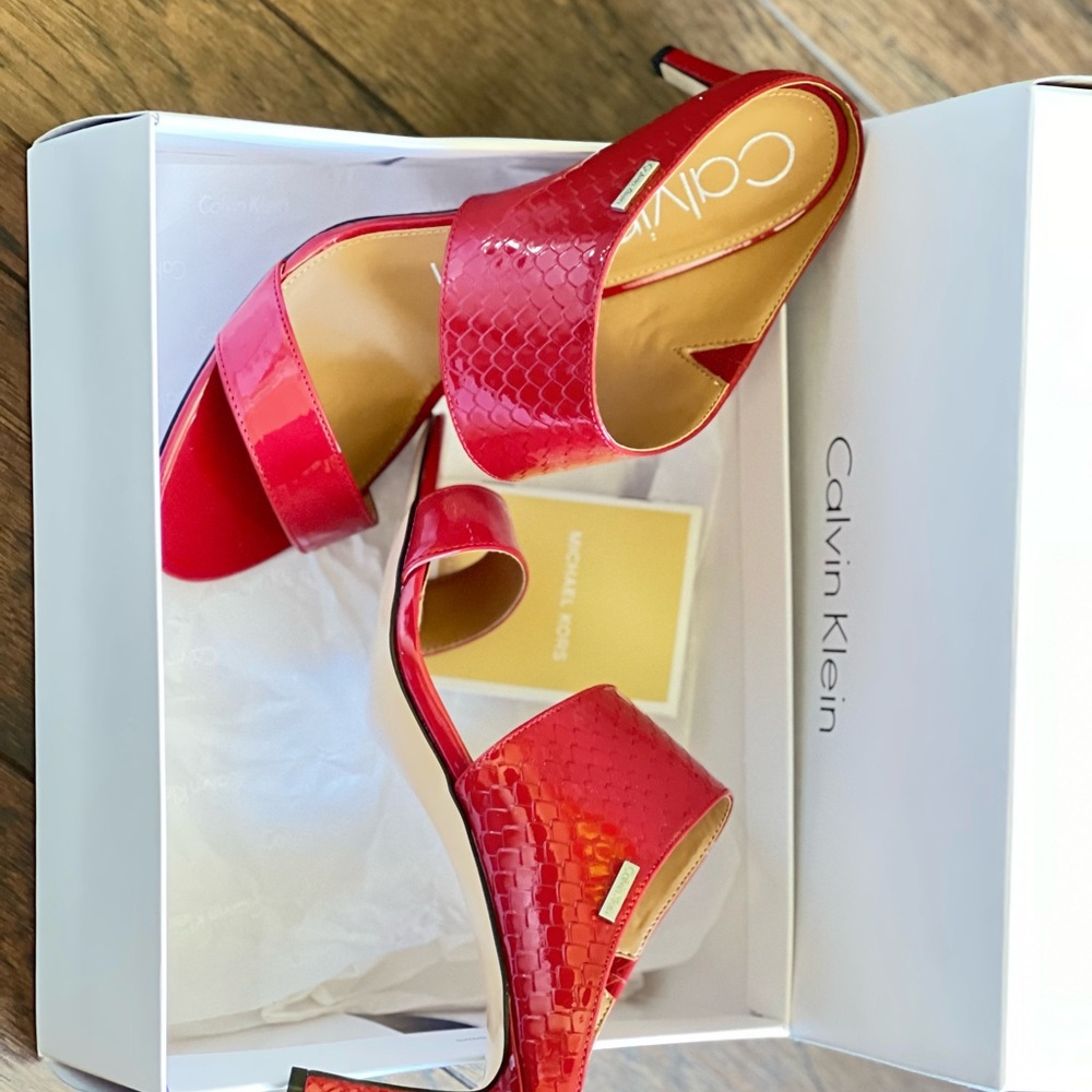 Calvin Klein Red Patent Two-Strap Sandal Heels - Picture 3 of 5
